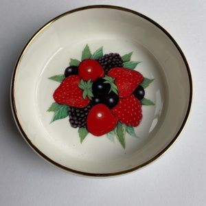 Harrods Knightsbridge Berry Bowl Gold Rim 4” Ceramic Strawberry Blueberry EUC
